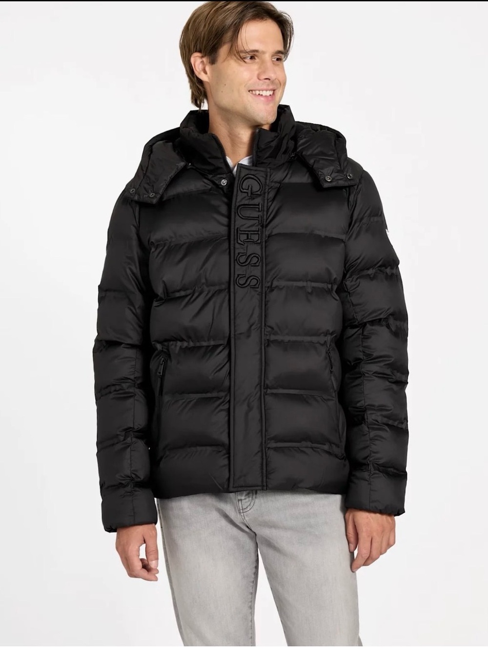 Guess Black Men’s ECO Charles Quilted Puffer Jacket Detachable Hood Size XL EUC